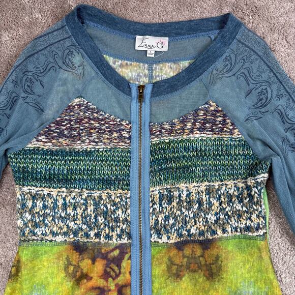 Boho Zip Up Cardigan Size S Emma G Mixed Media Sweater Blue Green Fairy - Picture 2 of 5